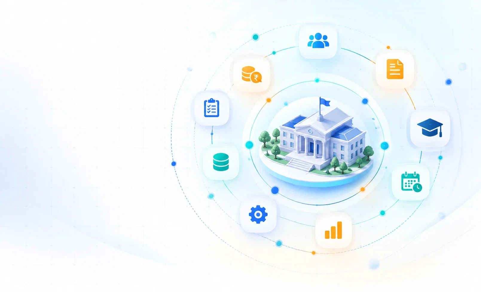 Campus building surrounded by fees, people, documents, records, scheduling, settings and reporting modules